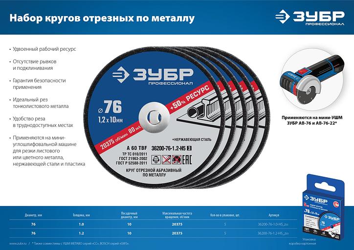 ЗУБР Х-2 76 х 1.0 х 10 мм набор для мини-УШМ 5 дисков отрезных по металлу, Профессионал (36200-76-1.0-H5) фото 6
