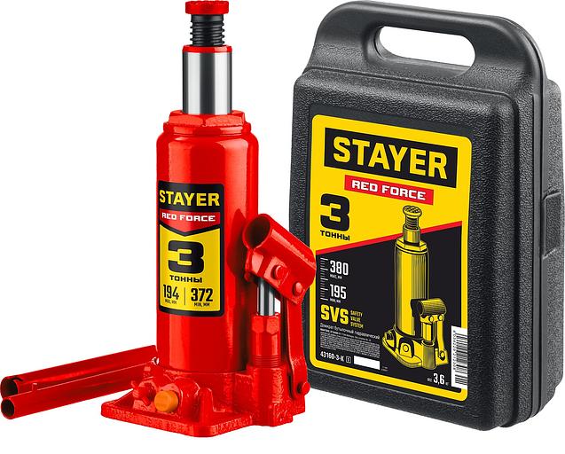 STAYER RED FORCE, в кейсе, 3 т, 194 - 375 мм, бутылочный гидравлический домкрат, Professional (43160-3-K) фото 1