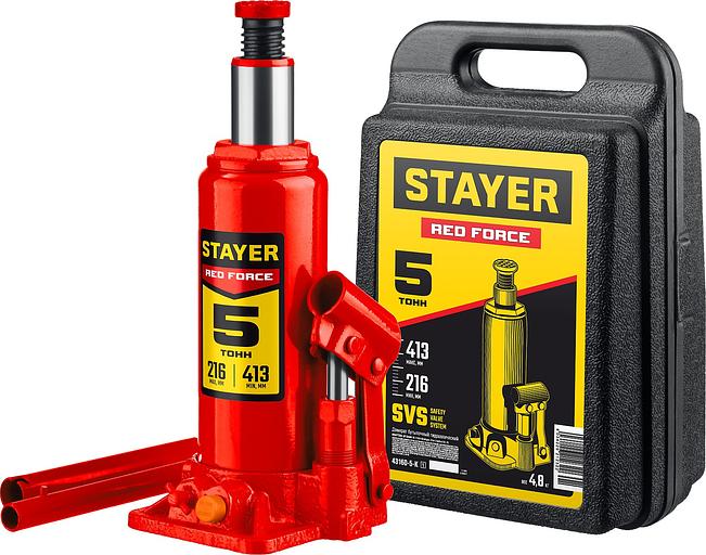 STAYER RED FORCE, в кейсе, 5 т, 216 - 413 мм, бутылочный гидравлический домкрат, Professional (43160-5-K) фото 1