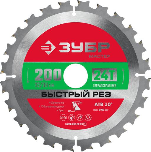 ЗУБР Быстрый рез, 200 x 32/30 мм, 24Т, пильный диск по дереву (36910-200-32-24) фото 1