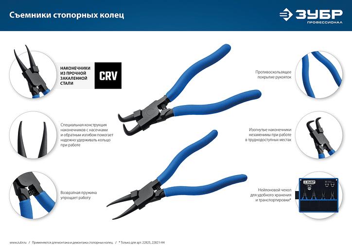 ЗУБР 170 мм, изогнутые губки, внутренний съемник стопорных колец, Профессионал (22821-2) фото 8