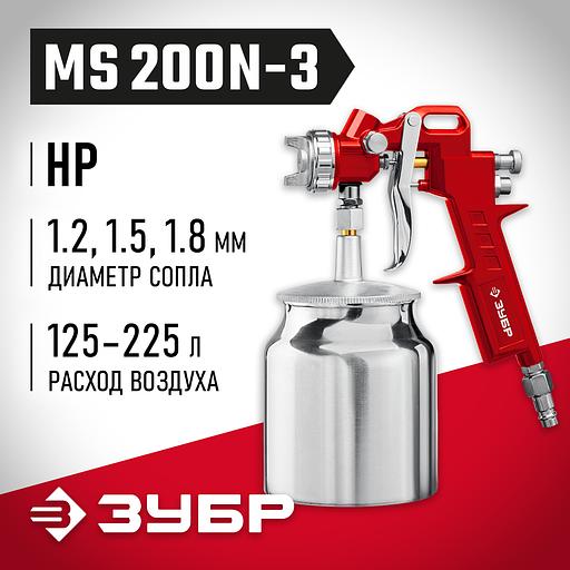 ЗУБР MS 200N-3, 1.2, 1.5, 1.8 мм, пневматический краскопульт с нижним бачком (06457) фото 2