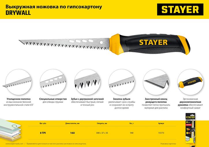 STAYER 160 мм, выкружная ножовка по гипсокартону, Professional (15173) фото 10