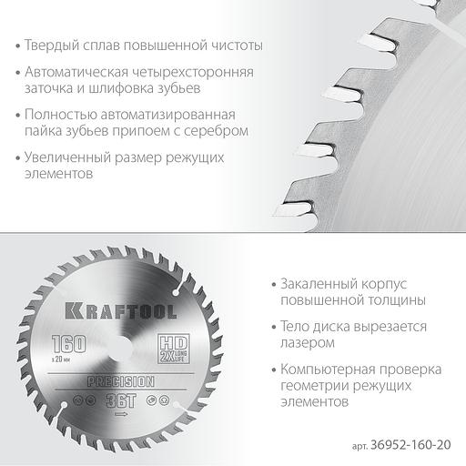 KRAFTOOL Precision, 160 х 20 мм, 36Т, пильный диск по дереву (36952-160-20) фото 4