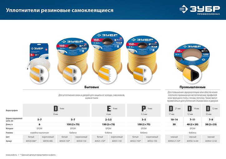 ЗУБР 150 м, P-профиль, размер 9 х 5.5 мм, белый, самоклеящийся резиновый уплотнитель, Профессионал (40922-150) фото 7