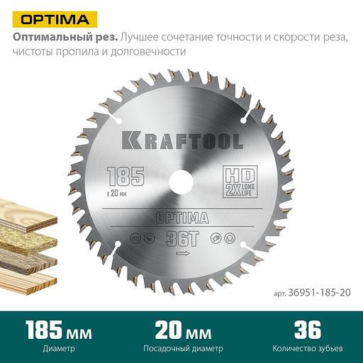 KRAFTOOL Optima, 185 х 20 мм, 36Т, пильный диск по дереву (36951-185-20) фото 3