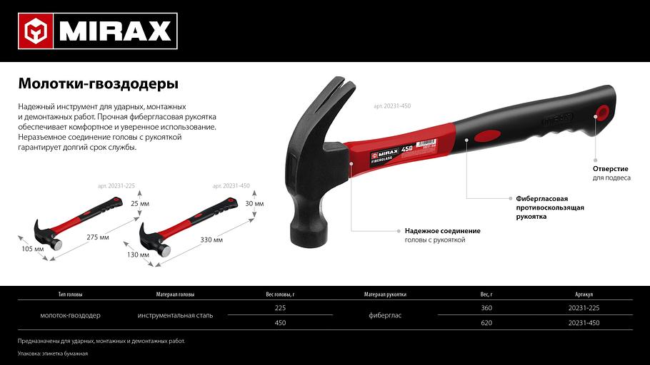MIRAX 450 г, молоток-гвоздодёр столярный с фиберглассовой рукояткой (20231-450) фото 6