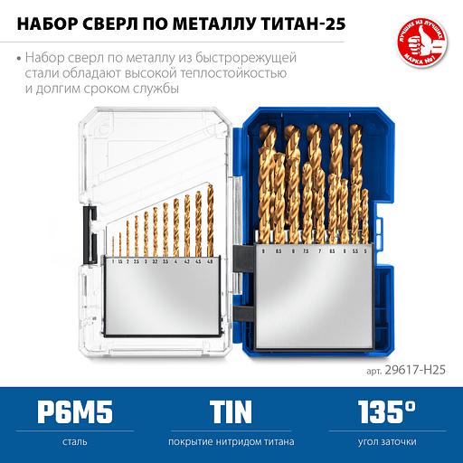 ЗУБР ТИТАН 25шт (1-13мм) сталь Р6М5, класс А, титановое покрытие, пласт.бокс, набор сверл по металлу (29617-H25) фото 3