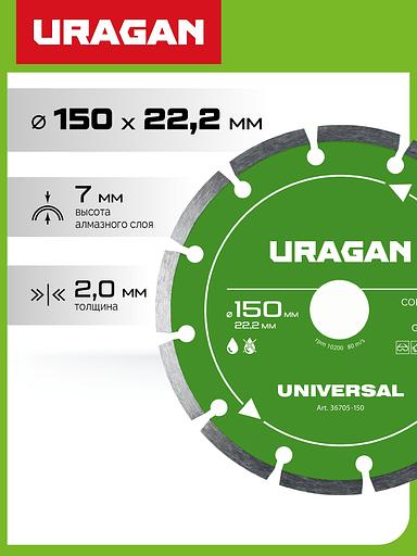 URAGAN UNIVERSAL 150 мм, диск алмазный отрезной сегментный (36705-150) фото 2