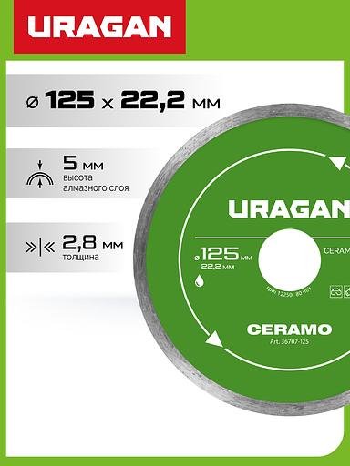 URAGAN CERAMO 125 мм, диск алмазный отрезной сплошной (36707-125) фото 2