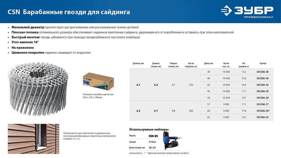 ЗУБР CSN 50 х 2.1 мм, барабанные гвозди для сайдинга оцинкованные, 10500 шт (305386-50) фото 6