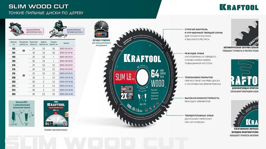KRAFTOOL Slim wood cut 165 х 20 x 1.6 мм, 24Т, диск пильный по дереву, (36955-165-20-24) фото 6