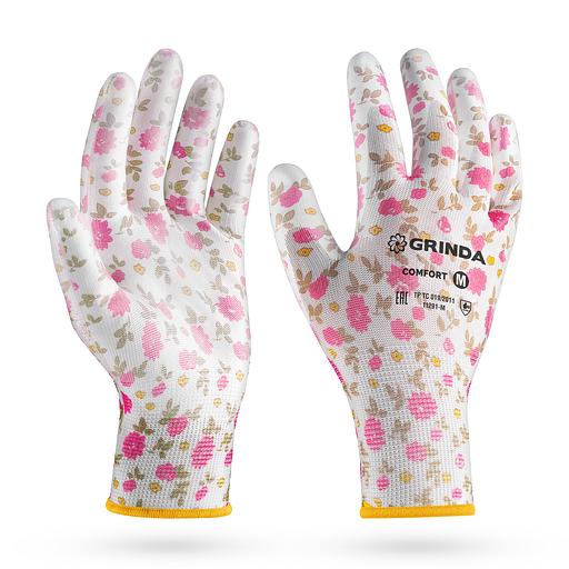 GRINDA COMFORT, M (8), садовые перчатки с прозрачным полиуретановым покрытием, розовые, 13 класс (11291-M) фото 1