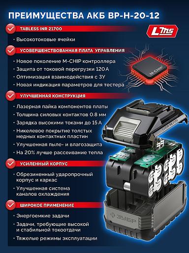 ЗУБР High Power, 20 В, 12.0 А·ч, аккумулятор LMS, ПРОФЕССИОНАЛ (BP-H-20-12) фото 7