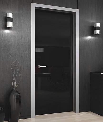 Стеклянная дверь распашная в алюминиевом профиле- черное стекло фото 1