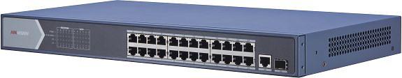 Неуправляемый коммутатор. 24 RJ45 1000M PoE с грозозащитой 6кВ, 2 1000М SFP uplink порта; бюджет PoE 250Вт;таблица MAC адресов на 8000 записей; пропускная способность 52Гб/с; стандарты PoE: IEEE802.3af, IEEE802.3at; 48 VDC,4 A; -10 °C...+55°C Hikvision DS фото 1