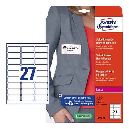 Этикетки Avery Zweckform L4784-20 29.6x63.5мм 27шт на листе/120г/м2/20л./белый ацетатный шелк самоклей. для лазерной печати фото 1