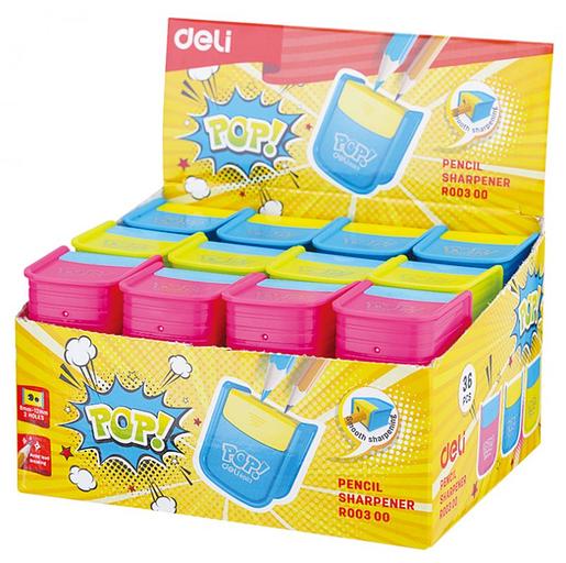 Точилка для карандашей ручная Deli ER00300 PoP 2 отверстия пластик ассорти дисплей фото 1