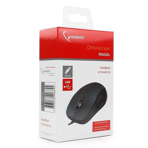 Мышь Gembird MOP-100, USB, черный, 2 кнопки+колесо кнопка, 1000 DPI, кабель 1.45м, (206844) фото 4