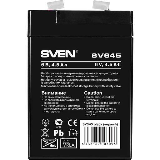 Батарея SVEN SV 645 (6V 4.5Ah), напряжение 6В, емкость 4.5А*ч, макс. ток разряда 67А, макс. ток заряда 1.35А, свинцово-кислотная типа AGM, тип клемм F1, Д/Ш/В 70/47/100, 0.8 кг Sven SV-0222064 фото 2