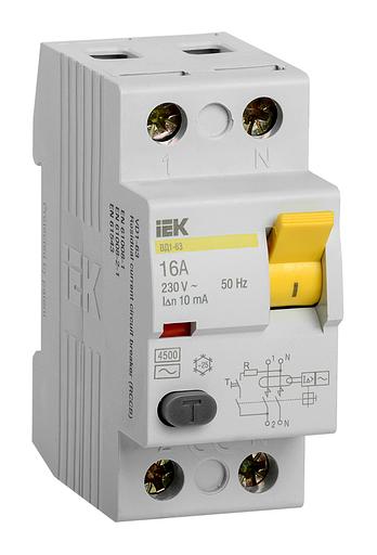 Выключатель дифф.тока УЗО IEK ВД1-63 MDV10-2-016-010 16A 10мА AC 2П 230В 2мод белый (упак.:1шт) фото 1