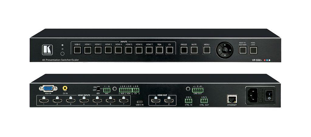 Kramer VP-550X Масштабатор HDMI / VGA / CV / USB-C в HDMI с эмбедированием и деэмбедированием аудио; поддержка 4К60 4:4:4, микшируемый микрофонный вход, два параллельных выхода HDMI (54-00086330) фото 1