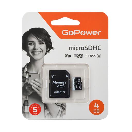 Карта памяти microSD GoPower 4GB Class10 15 МБ/сек V10 с адаптером GoPower 00-00025672 фото 1