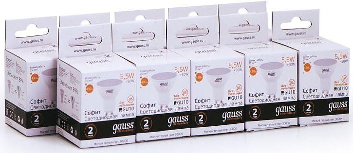 Лампа светодиодная Gauss Elementary MR16 5.5Вт цок.:GU10 спот 220B 3000K св.свеч.бел.теп. (упак.:10шт) (13616) фото 1