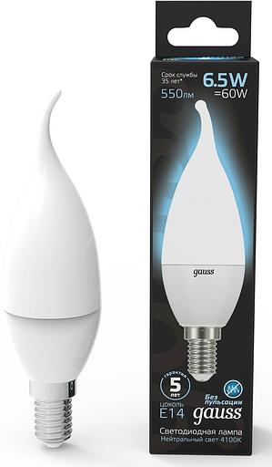 Лампа светодиодная Gauss 6.5Вт цок.:E14 свеча 220B 4100K св.свеч.бел.нейт. (упак.:1шт) (104101207) фото 1