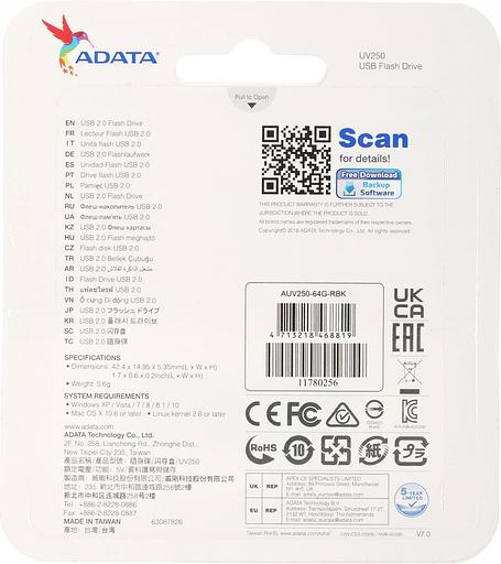 Флеш накопитель 64GB A-DATA UV250, USB 2.0, Черный фото 7