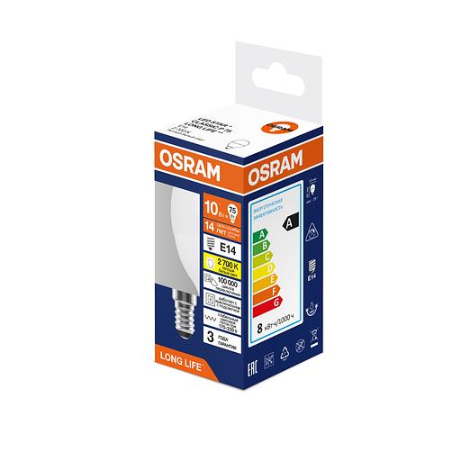 Лампа светодиодная 10Вт 806Лм 2700К Е14 шар 170-250В OSRAM LONG LIFE фото 1