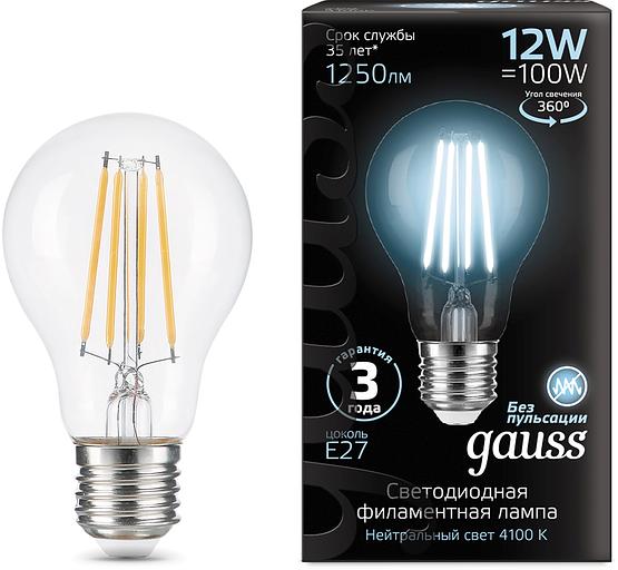 Лампа светодиодная Gauss Filament 102902212 12Вт цок.:E27 груша 185B св.свеч.бел.нейт. грушевидная (упак.:10шт) фото 1