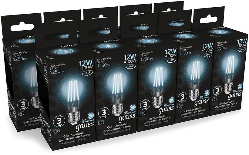 Лампа светодиодная Gauss Filament 102902212 12Вт цок.:E27 груша 185B св.свеч.бел.нейт. грушевидная (упак.:10шт) фото 3