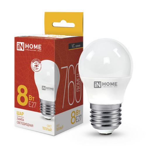 Лампа светодиодная LED-ШАР-VC 8Вт 230В Е27 3000К 760Лм IN HOME фото 1