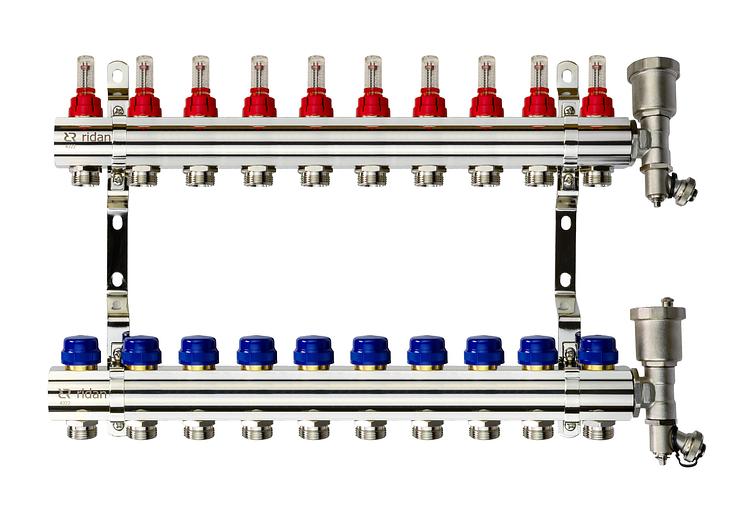Коллекторная группа FHF-10RF set 10 контуров 1'x3/4' с расходомерами, воздухоотводчиками и кронштейнами фото 1