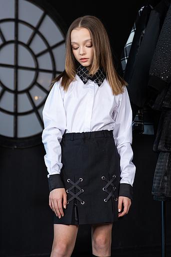 Белая блузка с вышитым чёрным воротником и манжетами ОПТ фото 5