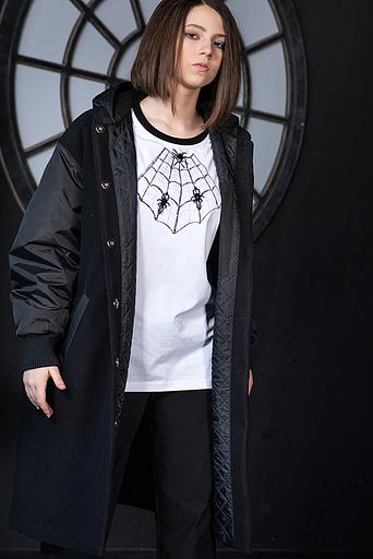 Чёрное пальто-бомбер со съёмным капюшоном для девочки ОПТ фото 7