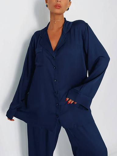 Пижама женская из шелка и вискозы с брюками и рубашкой «Синяя», Опт фото 2