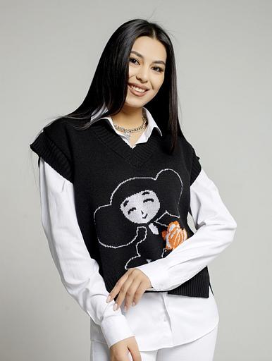 Жилет вязаный оверсайз трикотажный, принт чебурашка с мандарином - SANIYA, Опт фото 3