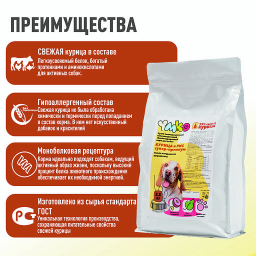 Сухой полнорационный корм из курицы для взрослых собак средних и крупных пород 2.5 кг фото 3