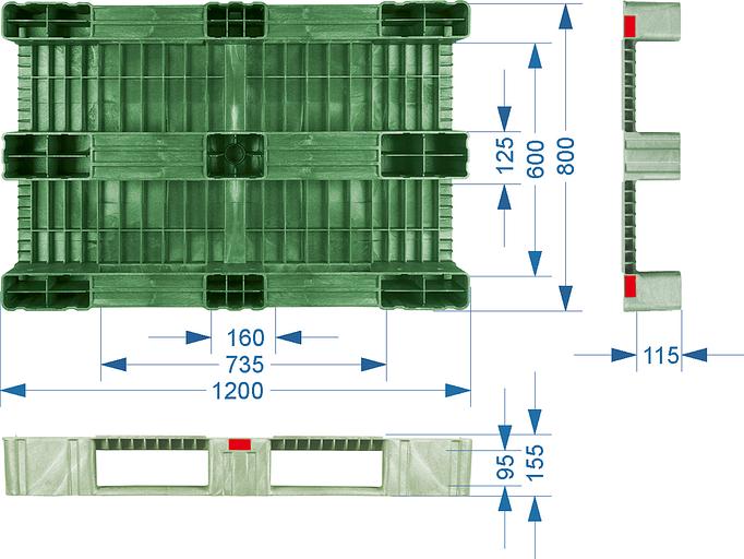 Паллет 1200х800х150 мм (усиленный сплошной на 3-х полозьях) красный фото 2