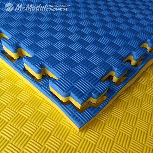 Мягкий модульный пол (будо-мат) двухсторонний 100x100 см, толщина 2,5 см, Цвет Желто-синий, Толщина модуля 25 мм. фото 1