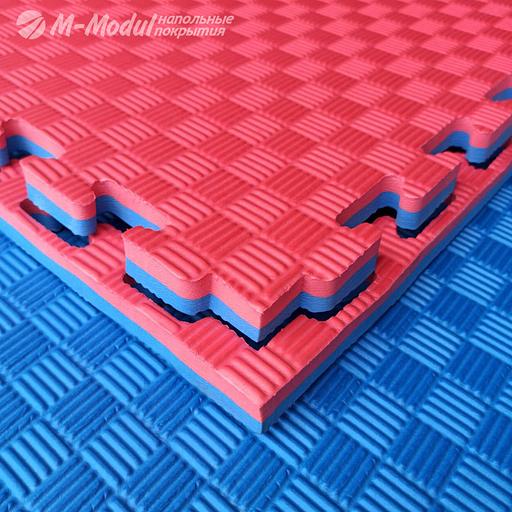 Мягкий модульный пол (будо-мат) двухсторонний 100x100 см, толщина 2,5 см, Цвет Красно-синий, Толщина модуля 25 мм. фото 1
