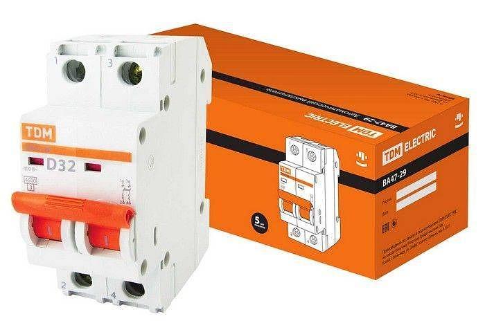 Выключатель автоматический ВА47-29 двухполюсной 32А 4,5кА характеристика D (SQ0206-0160) фото 1