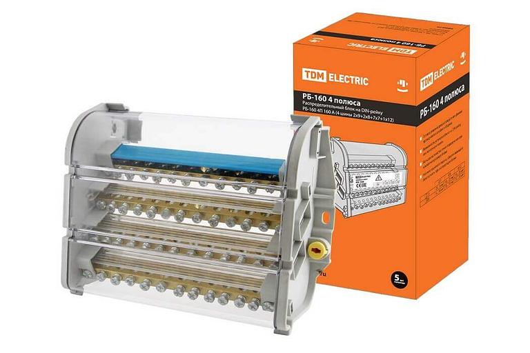 Распределительный блок на DIN-рейку РБ-160 четырехполюсный 160А (4 шины 2x9+2x8+7x7+1x12) фото 1