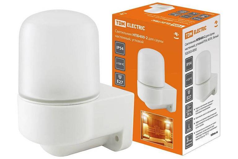 Светильник НПБ400-2 для сауны настенный, угловой, IP54, 60 Вт, белый, TDM фото 1