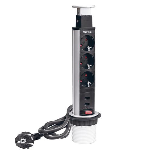 SETE Удлинитель настольный выдвижной, 2*USB, 230V, 60mm, серый, SPO-3GU фото 1