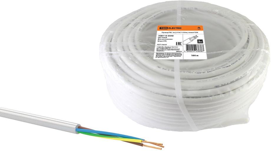 Провод ПВС 3х2,5 ГОСТ (100м), белый TDM фото 1