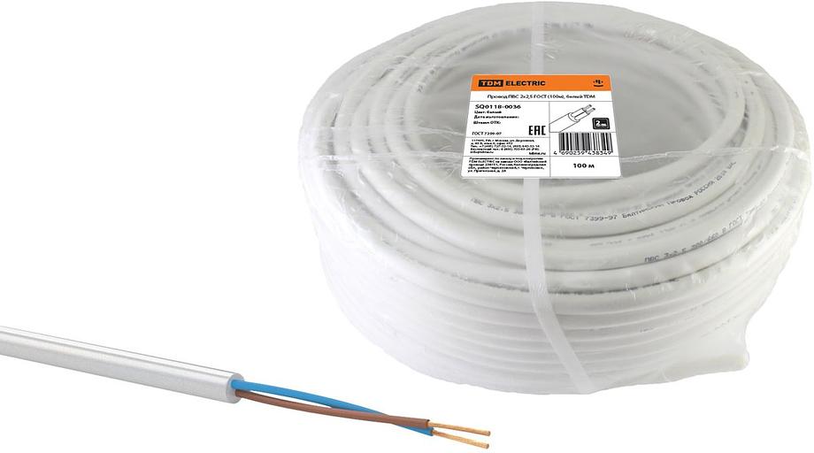 Провод ПВС 2х2,5 ГОСТ (100м), белый TDM фото 1