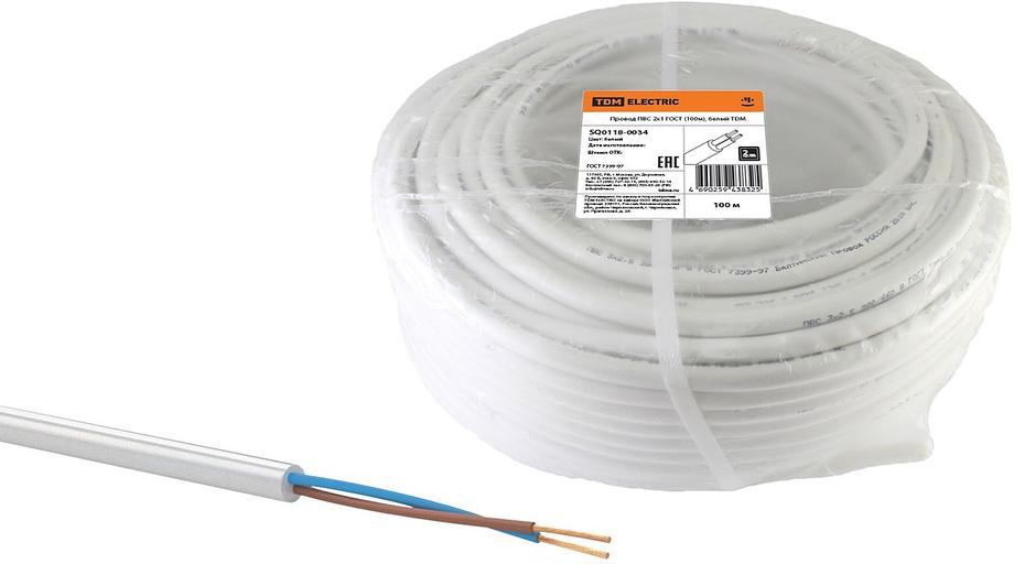 Провод ПВС 2х1 ГОСТ (100м), белый TDM фото 1
